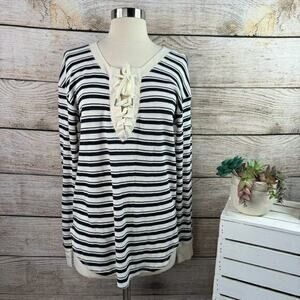Splendid Women's XS Black Striped Henley T-Shirt Long Sleeve Lace-Up Waffle Knit